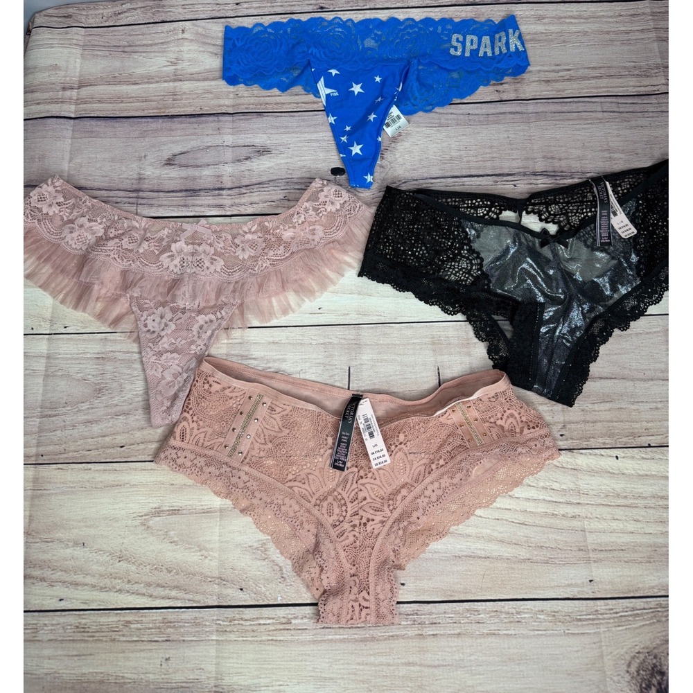 Victoria's Secret PINK Panty Bundle 4pk Lace Ruffle Star Studded Large NWT